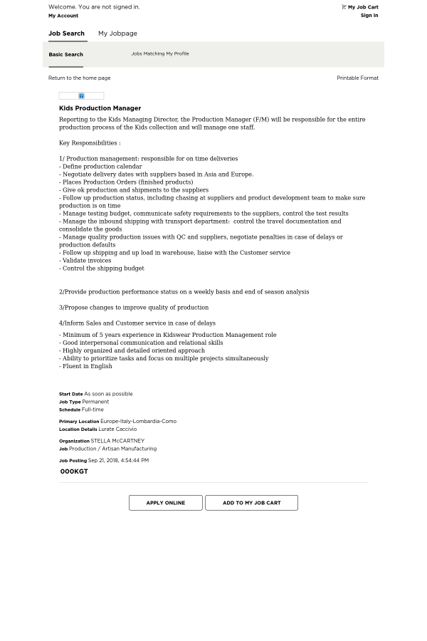 kids production manager job at stella mccartney in milano italy responsibilities of a production manager