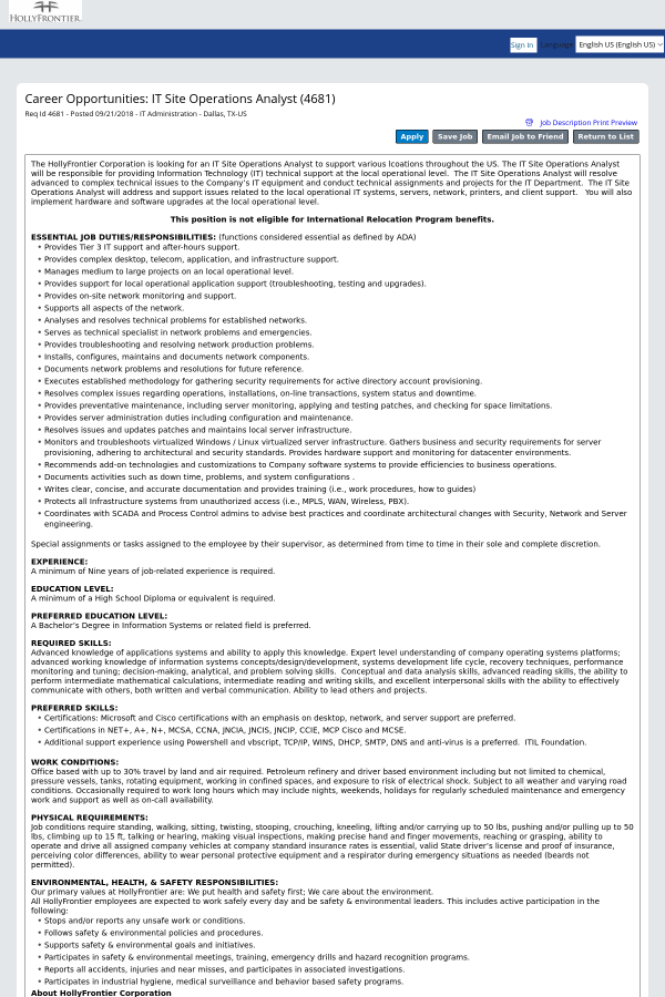 it site operations analyst job at hollyfrontier corporation in job related site