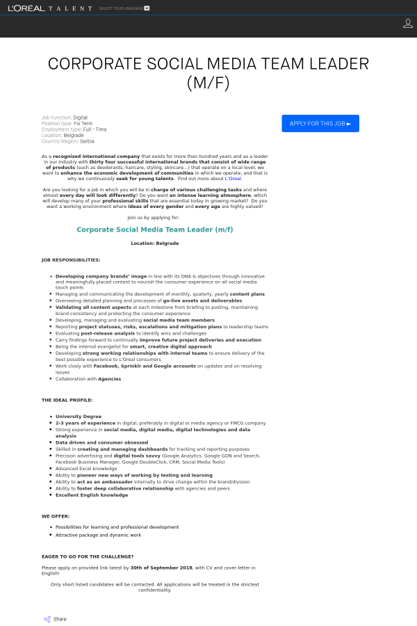 corporate social media team leader m f job at loreal in belgrade why do you want to be a team leader
