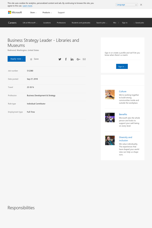 business strategy leader libraries and museums job at microsoft in