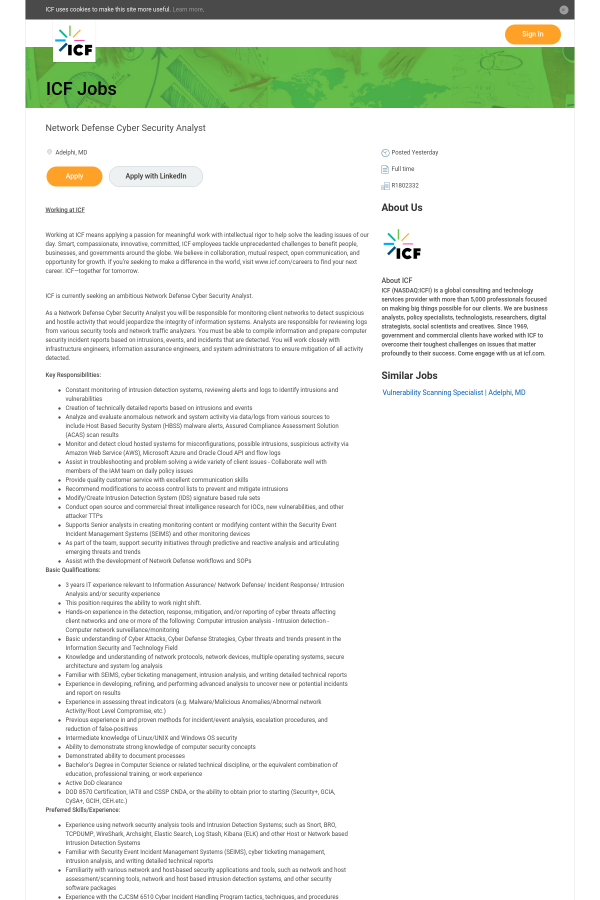 network defense cyber security analyst job at icf international in