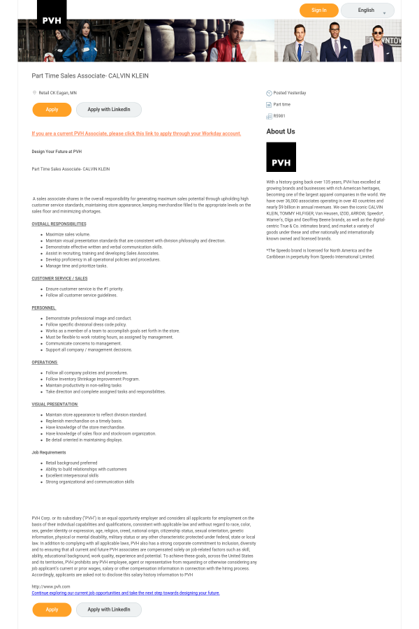 Sales Associate Calvin Klein Job At Pvh Corp In Eagan Mn