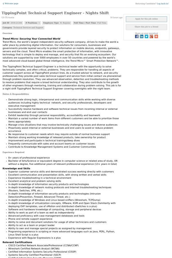 tippingpoint technical support engineer nights shift job it support duties and responsibilities