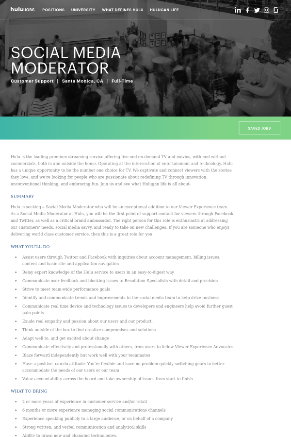 community moderator job at hulu in santa monica ca hulu jobs
