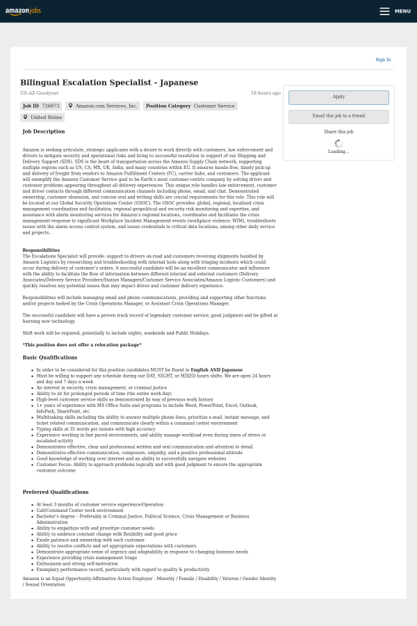 bilingual escalation specialist japanese job at amazon in goodyear jobs that offer relocation