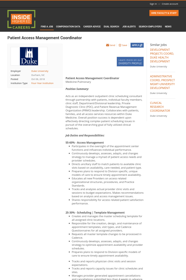 patient access management coordinator job at duke university in patient schedule template
