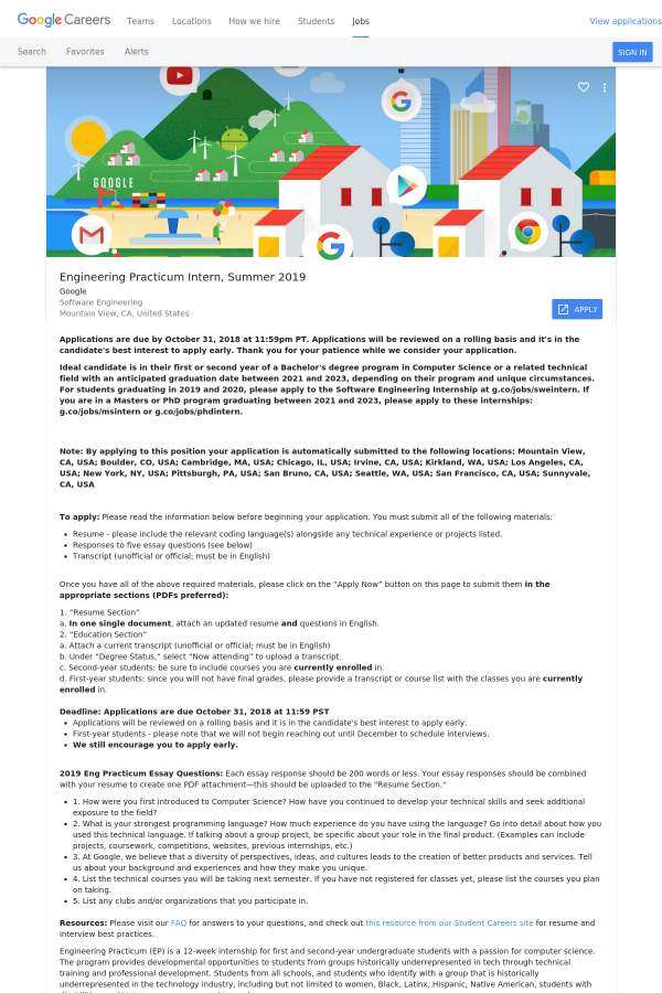 engineering practicum intern summer 2019 job at google in mountain internship for first year engineering students
