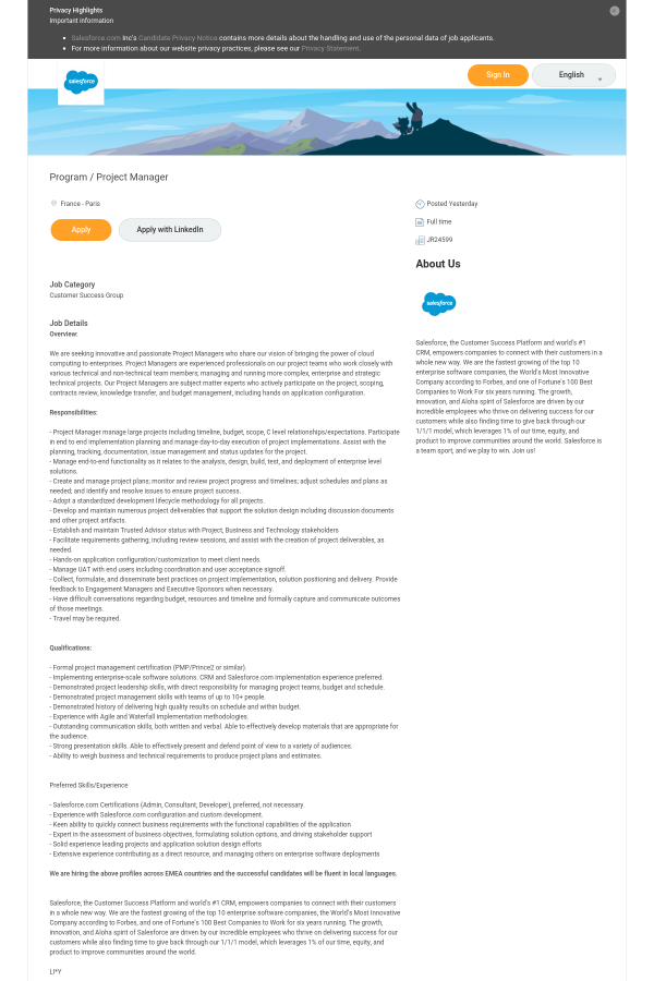program project manager job at salesforce in paris france