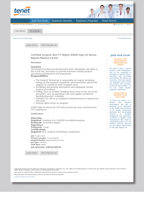 certified surgical tech nights job at tenet healthcare in surgical technician bls