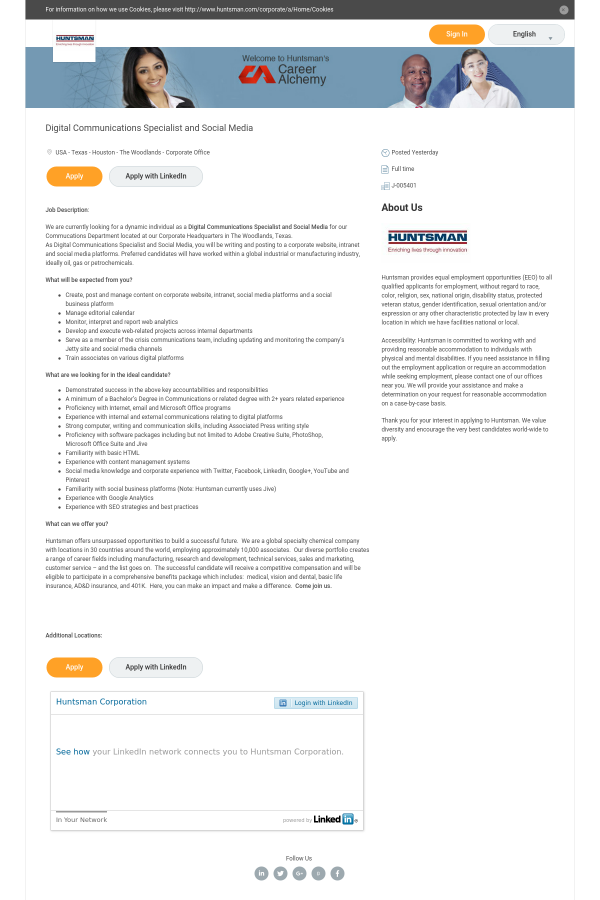 digital communications specialist and social media job at huntsman