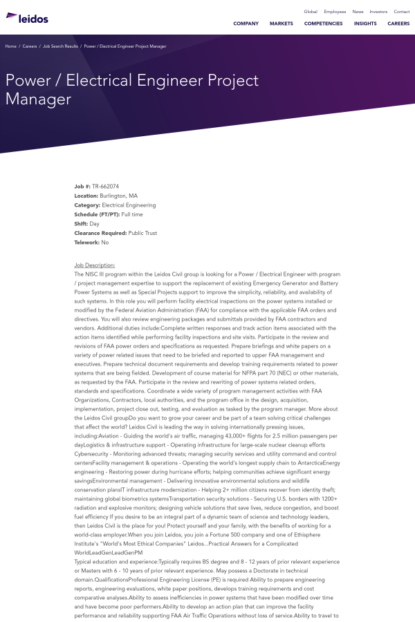 power electrical engineer project manager job at leidos in electrical engineer project manager job description