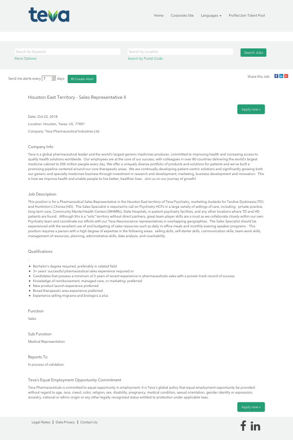 houston east territory sales representative ii job at teva pharmaceutical sales without a degree