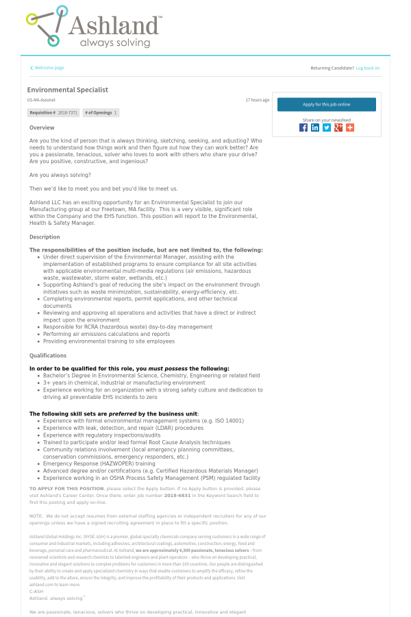 Environmental Specialist Ashland Inc Environmental Specialist Ashland Inc