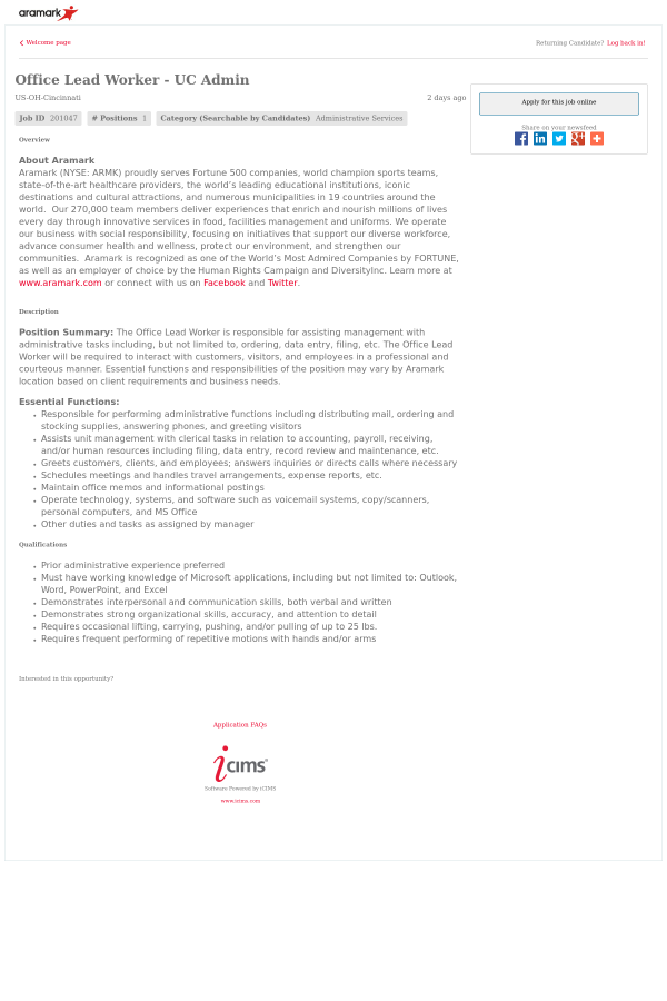 office lead worker uc admin job at aramark in cincinnati oh
