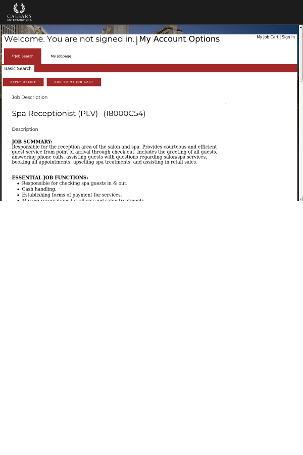 spa receptionist plv job at caesars entertainment in las vegas nv