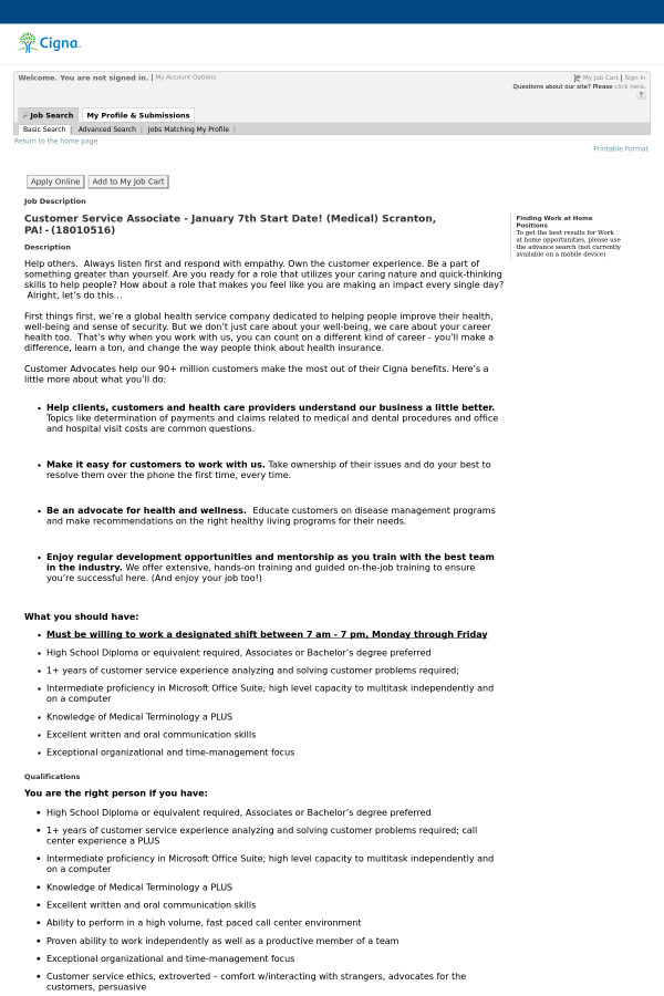 customer service associate january 7th start date scranton pa cigna customer care