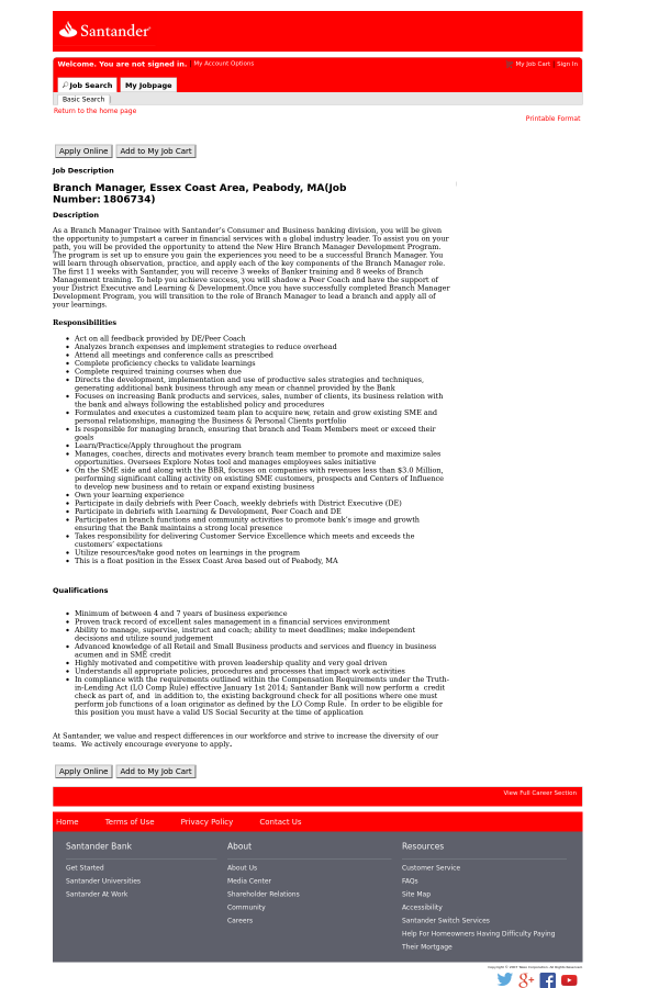 branch manager essex coast area peabody ma job at santander bank santander usa customer service