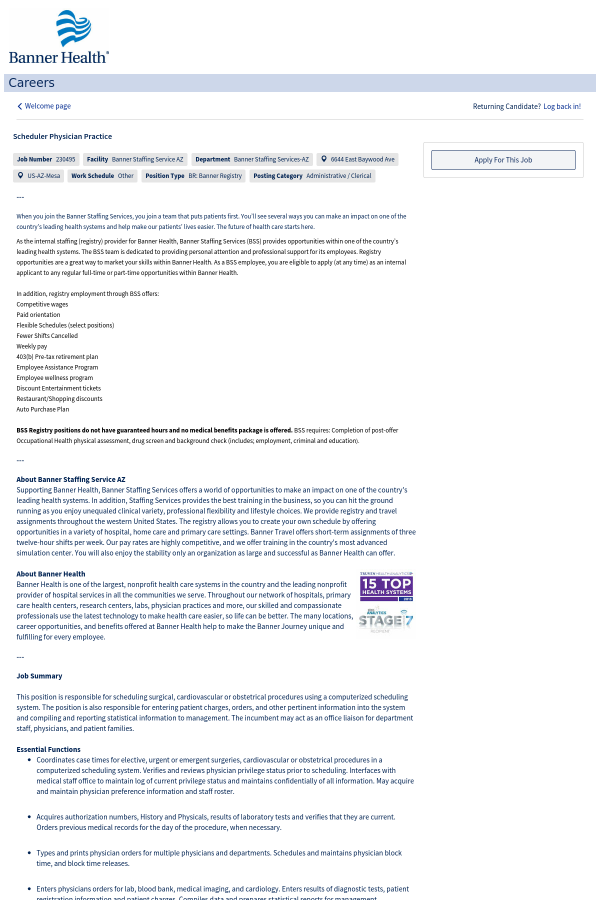 Scheduler Physician Practice Job At Banner Health In Mesa Az