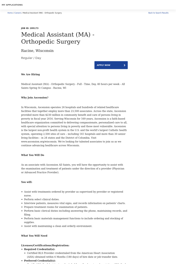 medical assistant ma orthopedic surgery job at ascension health orthopedic medical assistant jobs