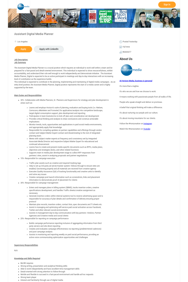 assistant digital media planner job at horizon media in los digital media planner