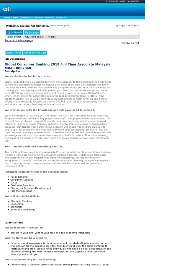 global consumer banking 2018 associate malaysia mba job at citi in mba job search