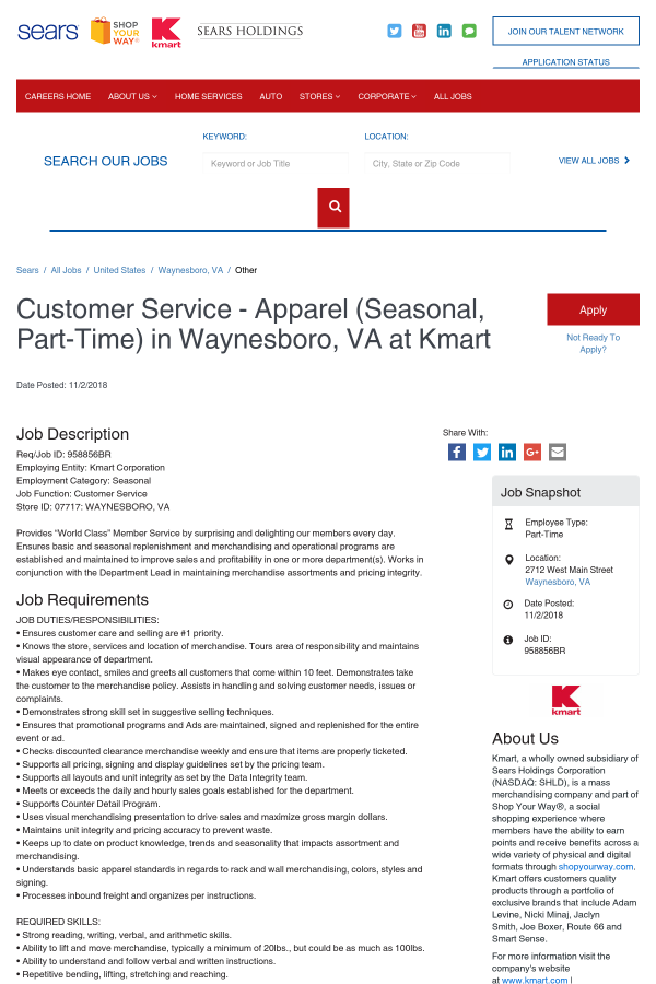 customer service apparel seasonal job at sears holdings jobs in waynesboro va