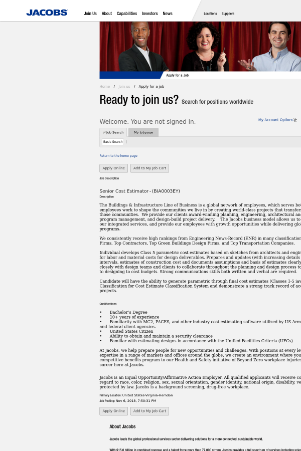 senior cost estimator job at jacobs engineering group in herndon va cost estimating jobs