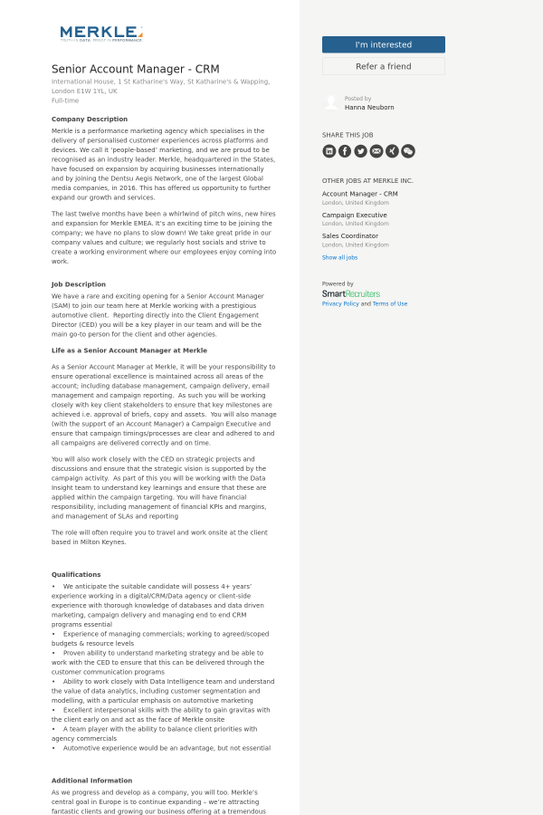 senior account manager crm job at merkle in london united kingdom senior account manager job description