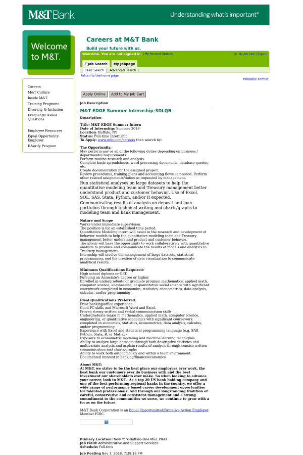 m t edge summer internship job at m t bank in buffalo ny jobs that involve math