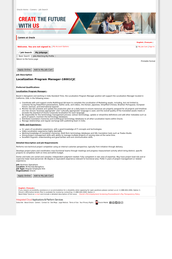 localization program manager job at oracle in bangalore india program manager job description