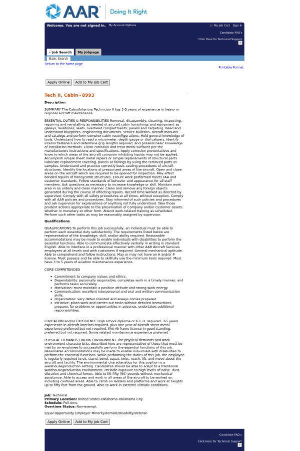 Tech Ii Cabin Job At Aar Corporation In Oklahoma City Ok - 