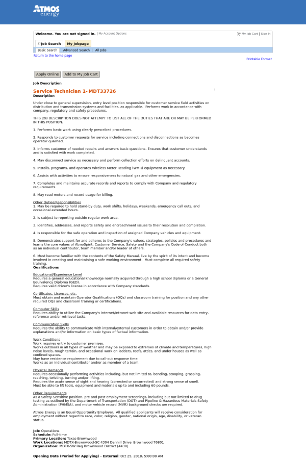 service technician 1 job at atmos energy corporation in brownwood atmos energy customer service