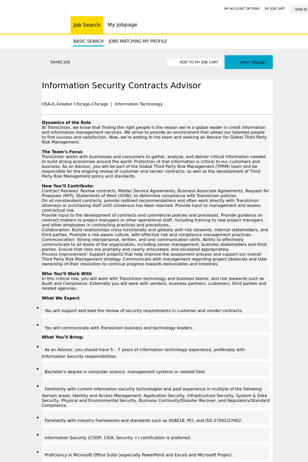 information security contracts advisor job at transunion in chicago security contracts