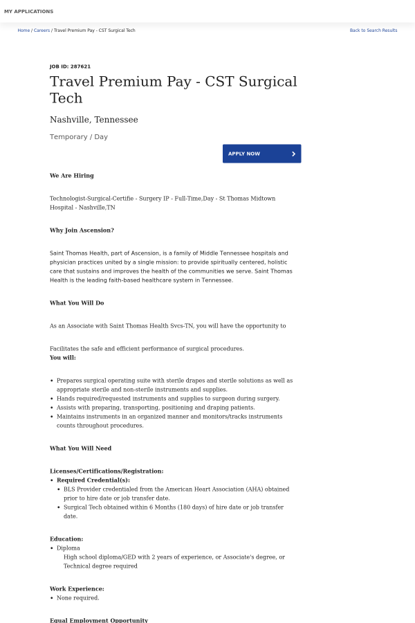travel premium pay cst surgical tech job at ascension health in surgical technician bls