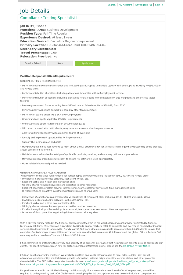 compliance testing specialist ii job at fis in great bend ks types management skills