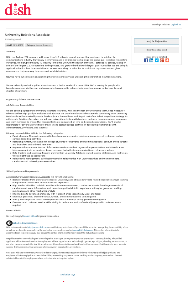 university relations associate job at dish network in englewood co customer relations associate job description