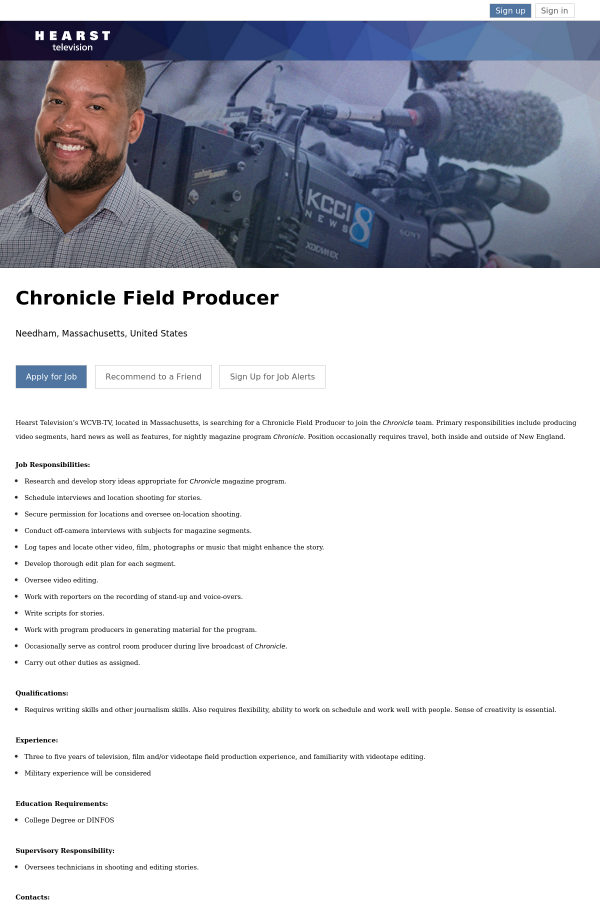 chronicle field producer job at hearst television in needham ma