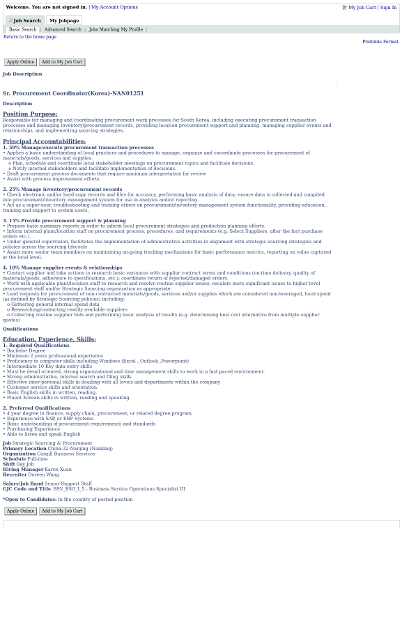 senior procurement coordinator korea job at cargill in nanjing local purchasing order