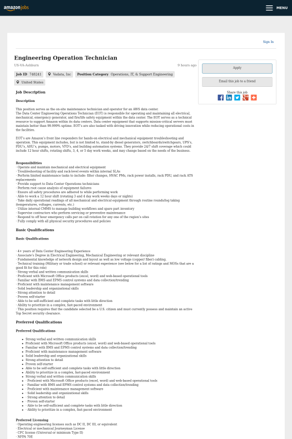 engineering operation technician job at amazon in ashburn va mechanical equipment list
