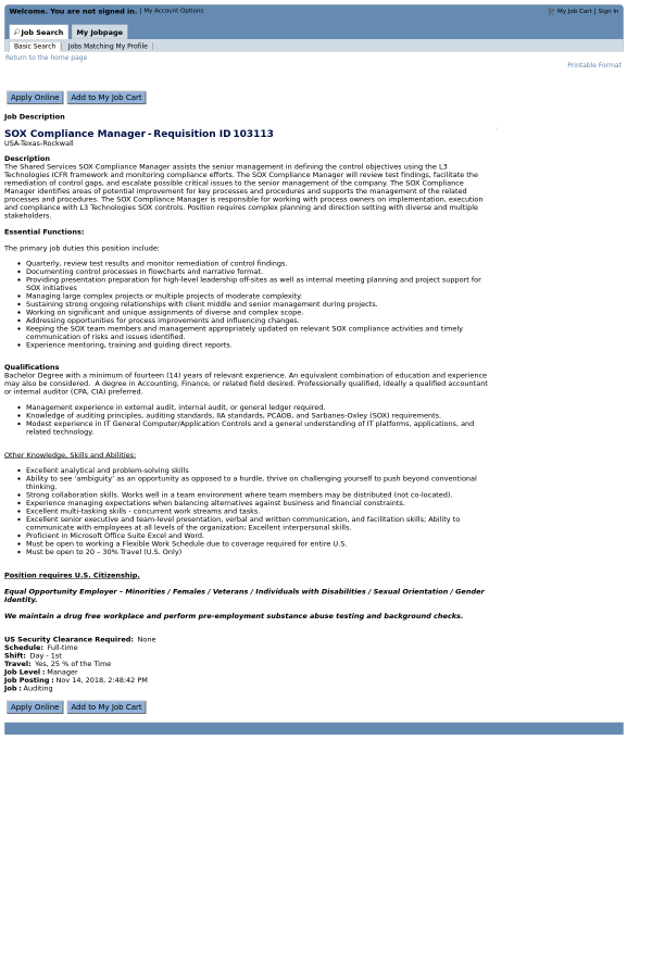 sox compliance manager job at l3 technologies in rockwall tx