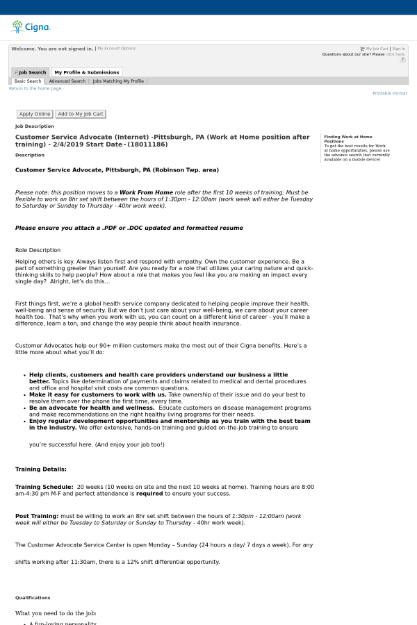 customer service advocate pittsburgh pa 2 4 2019 start date cigna customer care