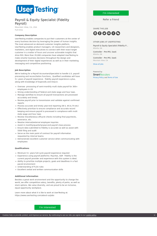 payroll equity specialist fidelity payroll job at usertesting in