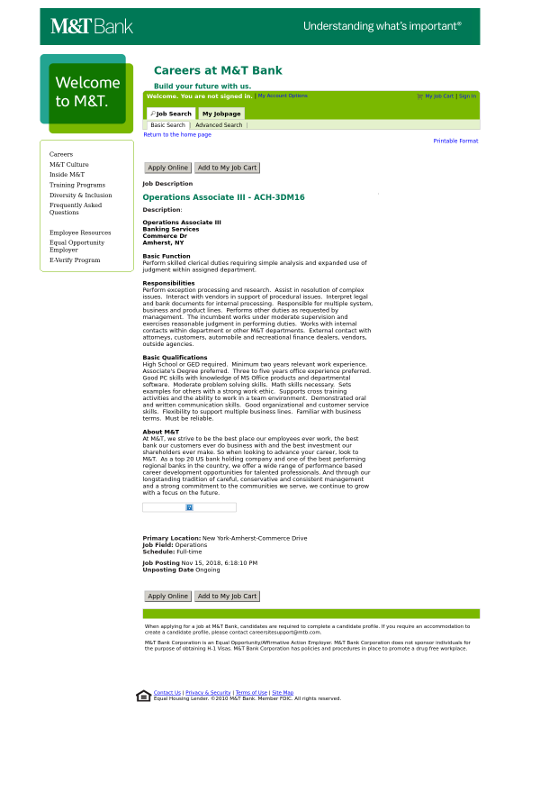 operations associate iii ach job at m t bank in amherst ny operations associate job description