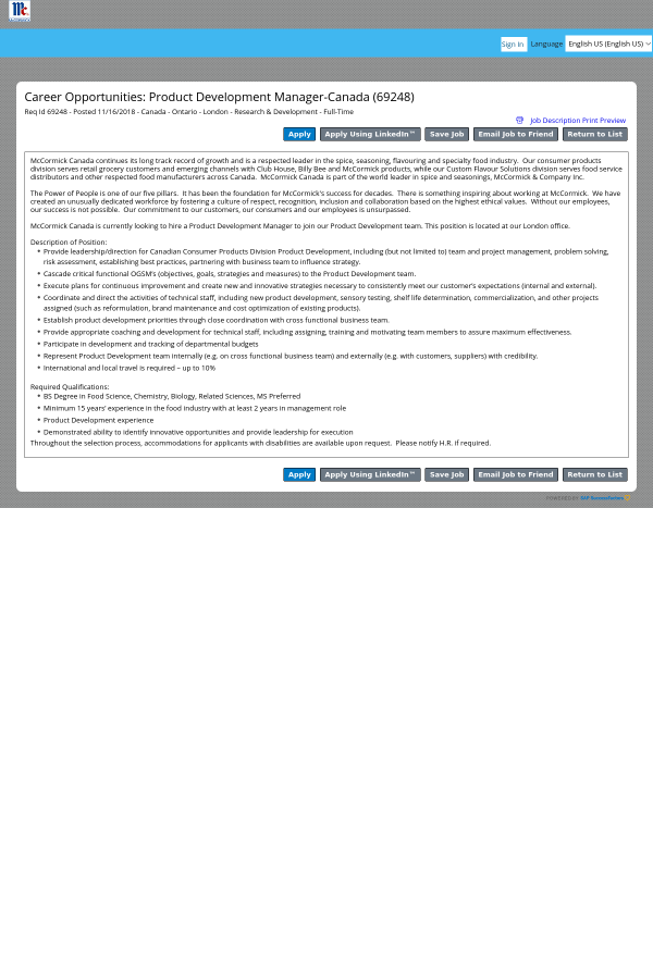 product development manager canada job at mccormick in london product development manager job description