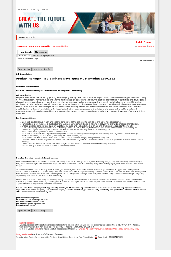 product manager isv business development marketing job at oracle product development manager job description