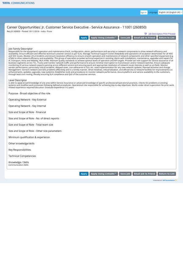 junior customer service executive service assurance job at tata job description for customer support executive