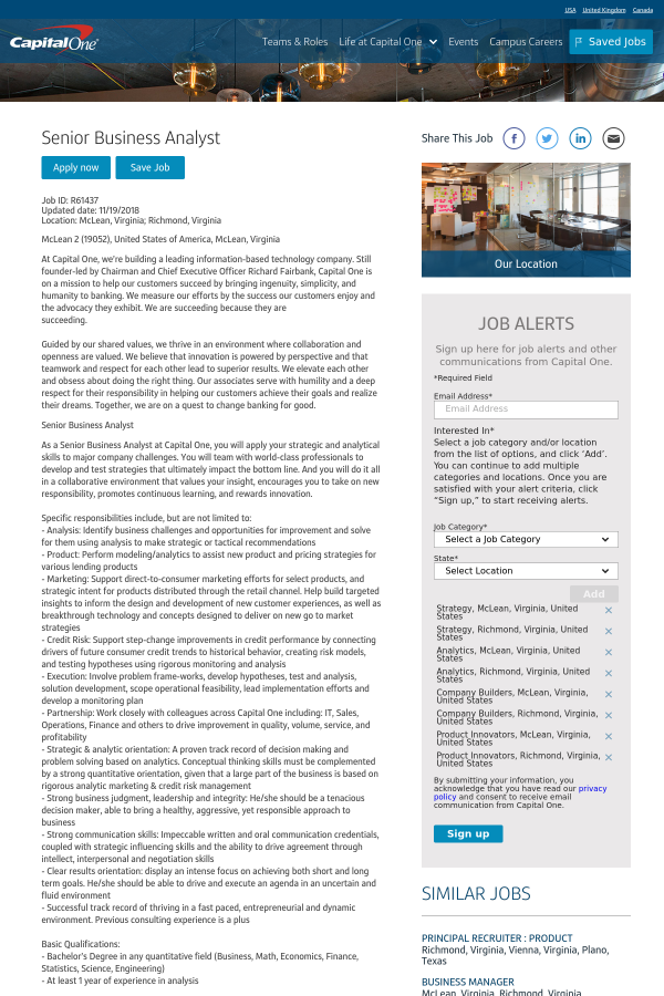 Senior Business Analyst Job At Capital One In Richmond Va
