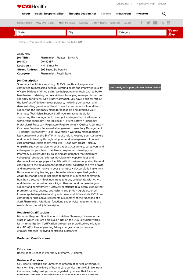 pharmacist floater santa fe job at cvs health in santa fe nm