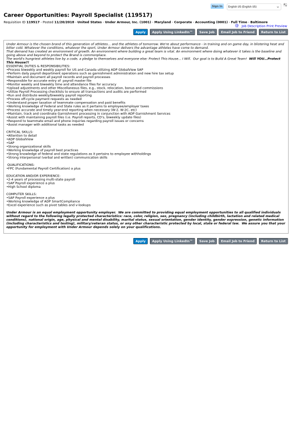 payroll specialist job at under armour in baltimore md 15471820 payroll specialist job description