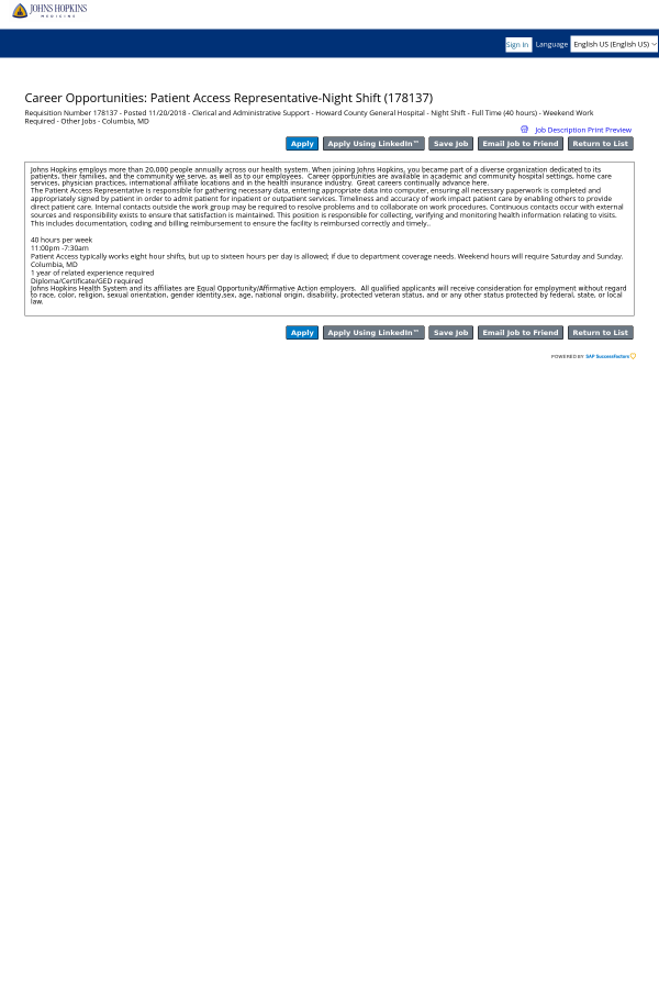patient access representative night shift job at johns hopkins patient access representative job description